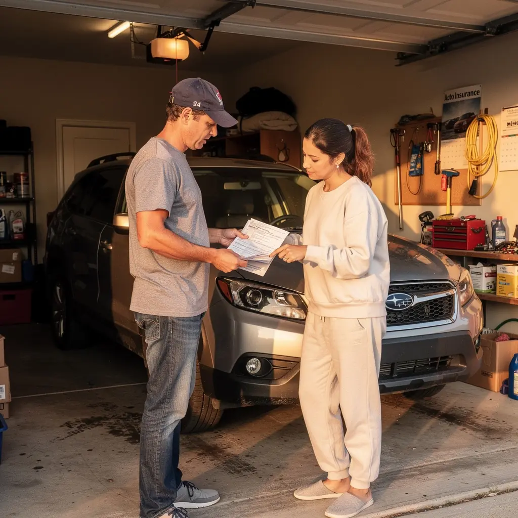 Автомобиль с надписью о страховании на фоне живописного пейзажа