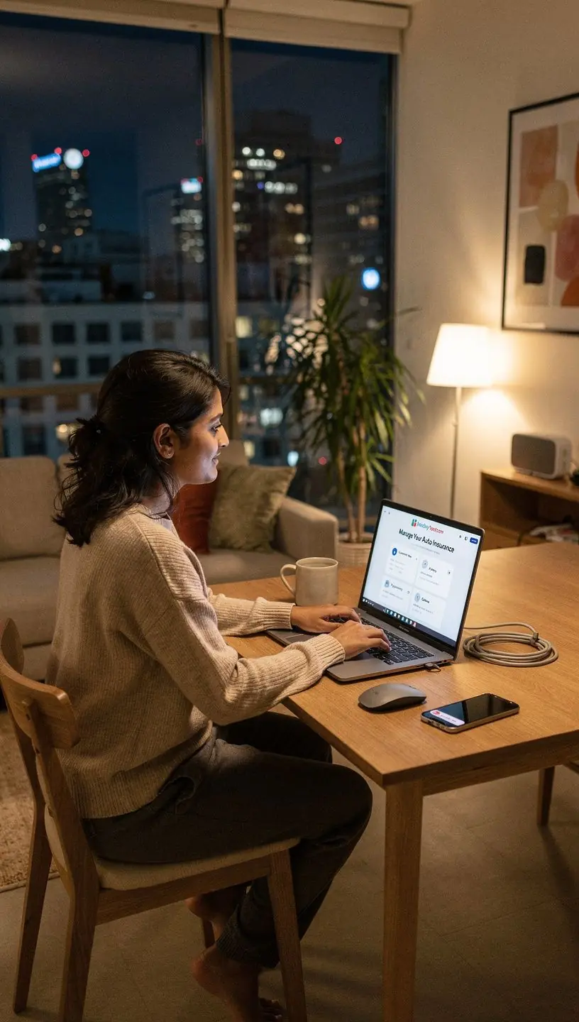 Изображение автомобиля на фоне дороги с текстом о страховании автомобилей в США.